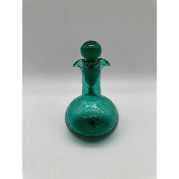 Vintage MCM Handblown Crackle Glass Turquoise Green Blue Cruet Bubble Stopper - Picture 4 of 11